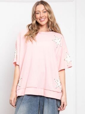 BlueVelvet Large Relaxed Pink Star-Studded Women's Top